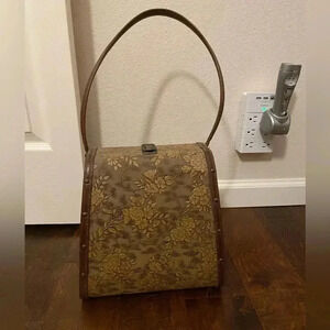 Vintage 60s Wooden Box Purse Floral Embossed Maroon Velvet Lining Handbag Bag